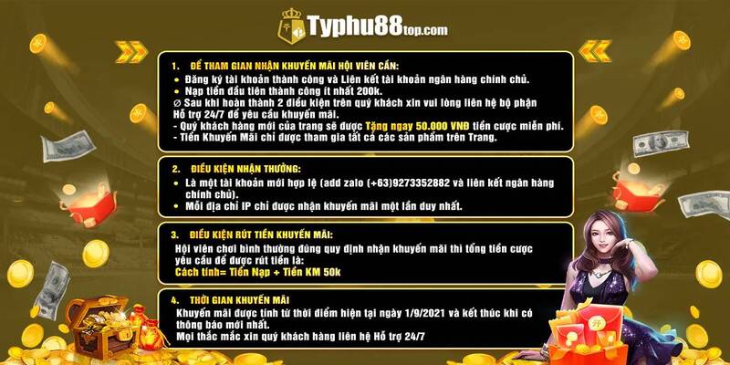 Thông tin ưu đãi TYPHU88 tặng 50k miễn phí cho hội viên mới