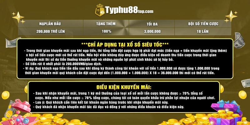 Thông tin khuyến mãi TYPHU88 Tặng Thưởng 100% Cho Lần Nạp Đầu Tiên