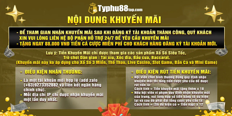 Tặng miễn phí 88k cho thành viên mới TYPHU88 TOP